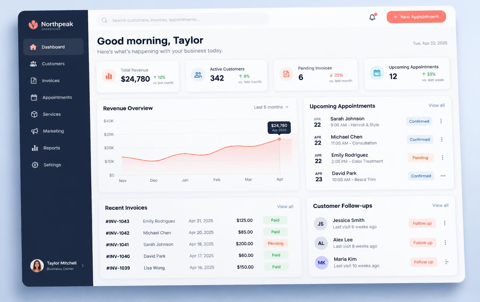 Avenzoa dashboard showing revenue, invoices and appointments